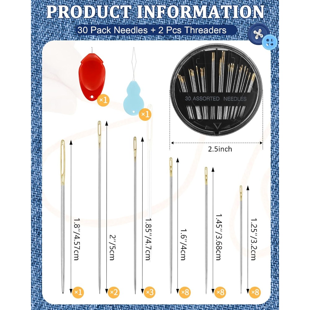 Craft Art Set - 30-teiliges Stahl-Handnähnadel-Set in 6 Größen mit