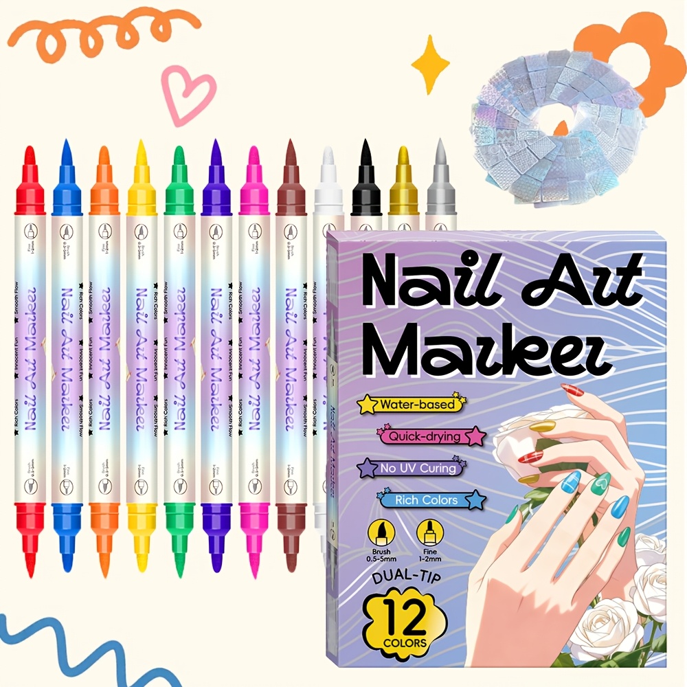 Illustration Marker Set - 12-Farben-Nagelkunst-Stiftset mit 24 Schablonen, Doppelseitiger Nagelzeichnungsmarker,